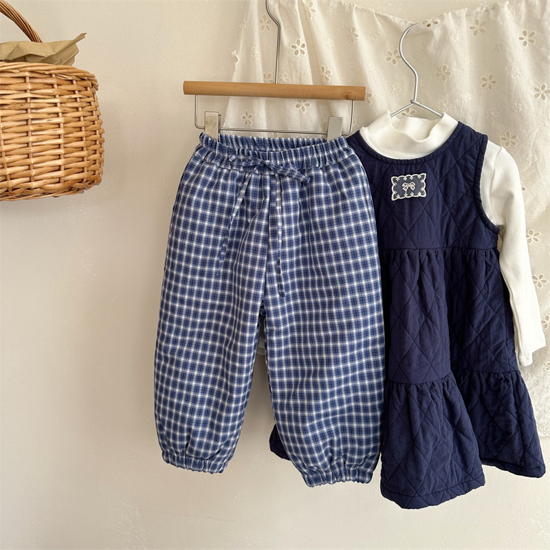 2025冬季新品童裤儿童韩夹棉加厚格子棉裤女童宝宝绑带松紧脚口裤
