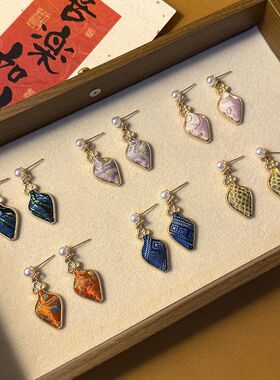 新中式古风宋锦花瓶耳环女手工水滴珍珠耳钩彩色耳坠汉服旗袍耳饰