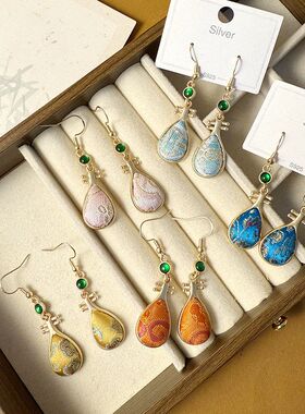 非遗宋锦琵琶耳环925银针古风耳坠绿宝石新中式国风耳钩汉服耳饰