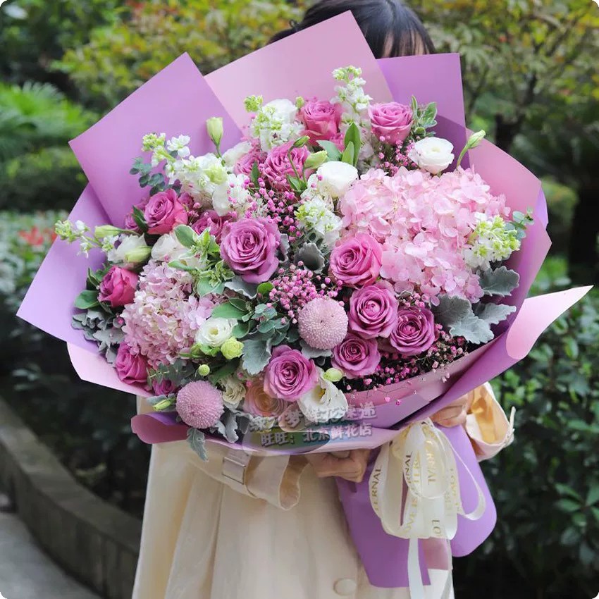 紫玫瑰花束混搭绣球洋桔梗花束生日紫罗兰鲜花速递同城天津花配送