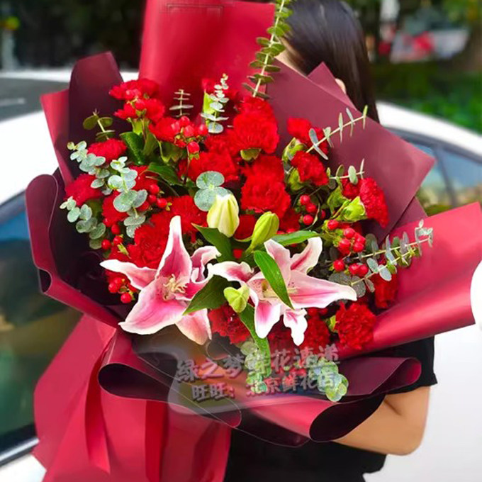母亲生日粉色百合康乃馨混搭花束鲜花速递北京同城长辈妈妈生日花