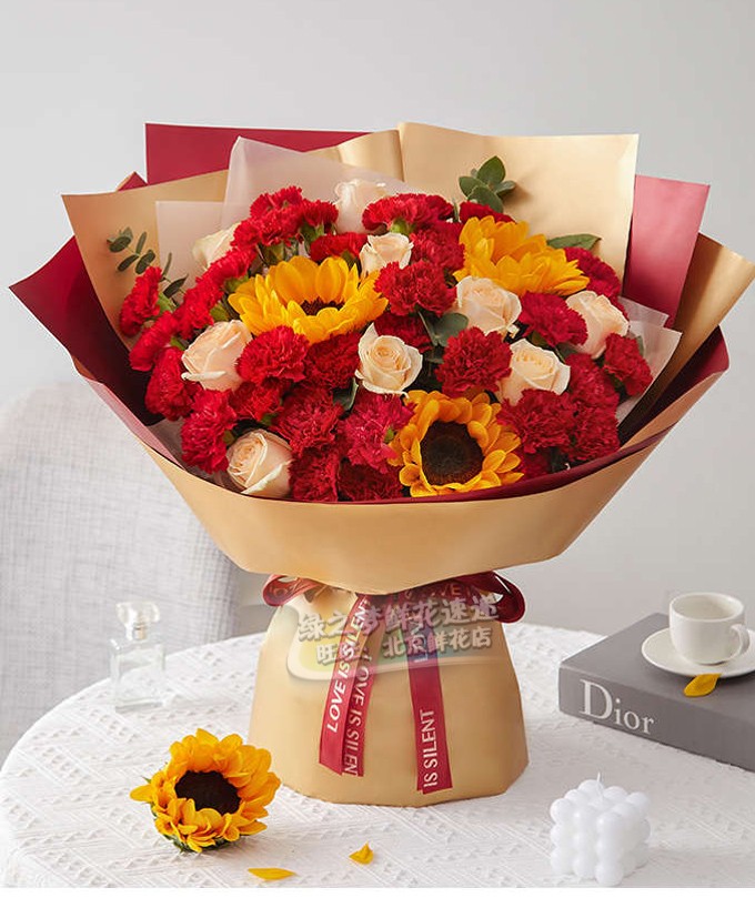母亲节混搭花束红色康乃馨向日葵香槟玫瑰生日鲜花速递同城花北京
