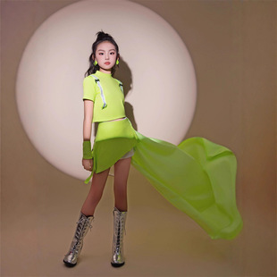 《荧光绿》女童T恤裤裙套装儿童走秀拖尾9潮酷可日常中大童运动风