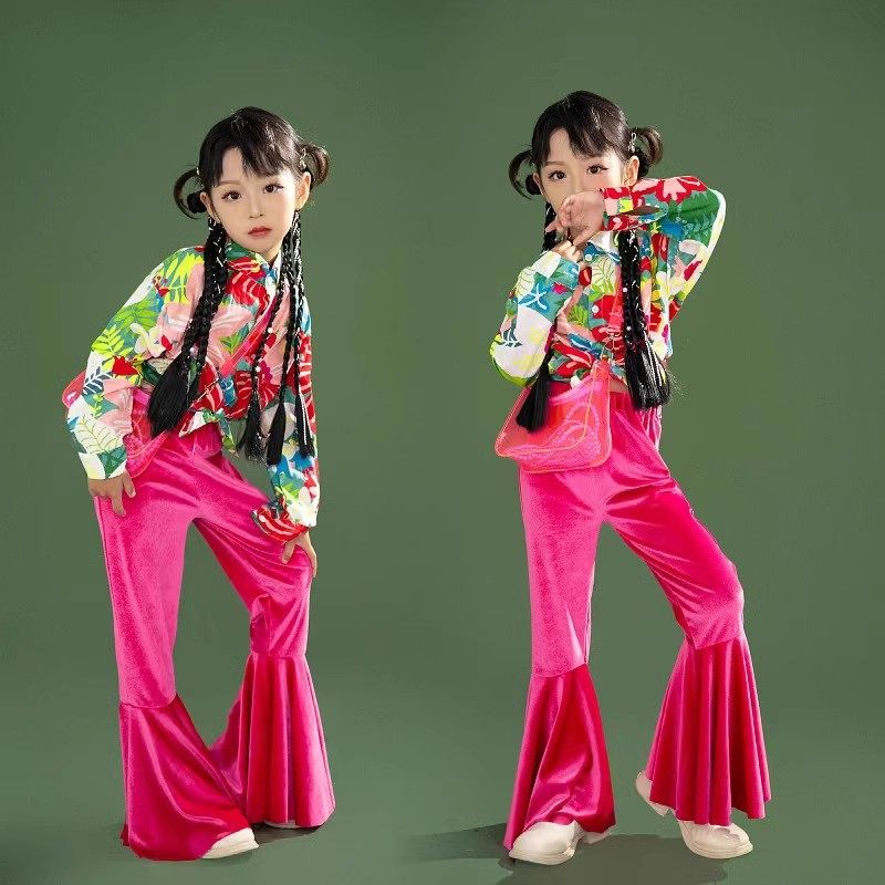 女童复古港风喇叭裤模卡7080年代儿童t台走秀机车风车模大赛演出