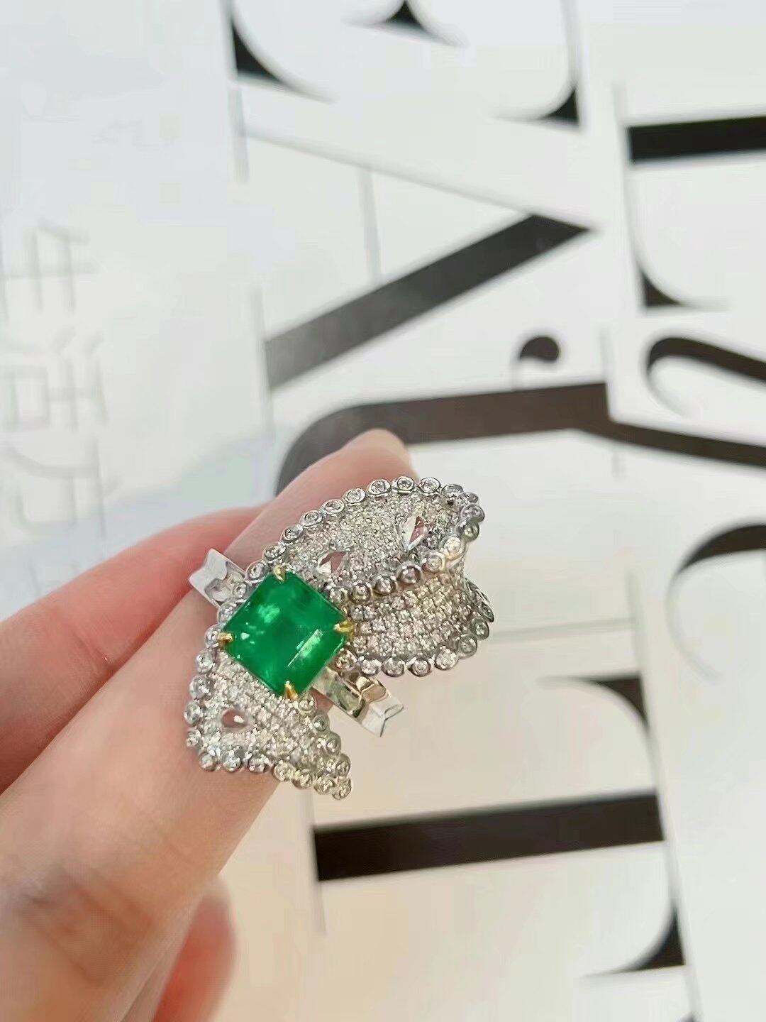 18K金配南非钻石镶女款2克拉天然祖母绿蝴蝶结戒指真金真钻送证书