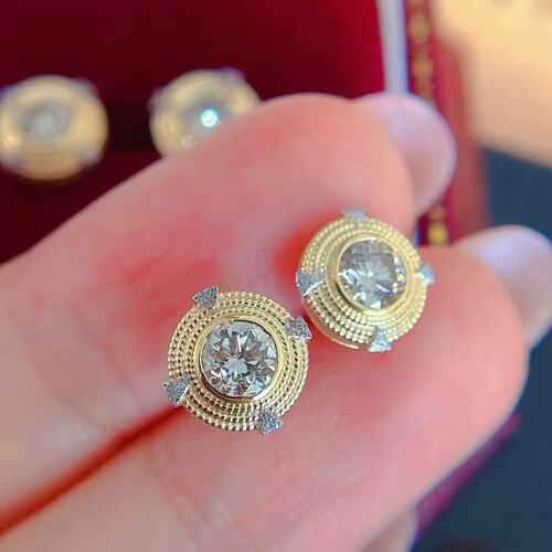 双色复古18K金女镶嵌0.6克拉天然南非高品质钻石耳钉耳环真金真钻