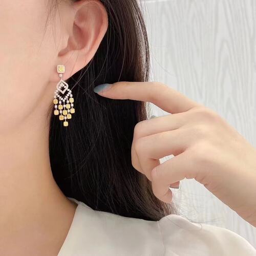 18K金女镶2.5克拉天然南非高品质钻石黄钻流苏耳坠真金真钻送证书