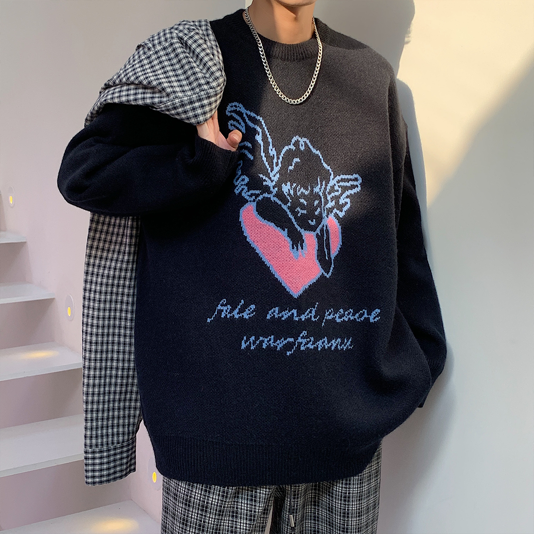 秋冬宽松印花毛衣保暖针织衫圆领线衣外套现货备足BKM05-P75,男装针织衫/毛衣,电商B327