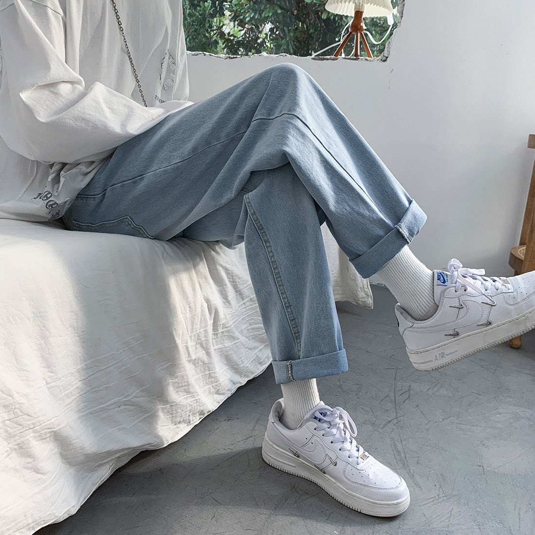 夏天蓝色牛仔裤港风纯色休闲牛仔裤宽松直筒裤子N68-P40，男装牛仔裤，电商B327