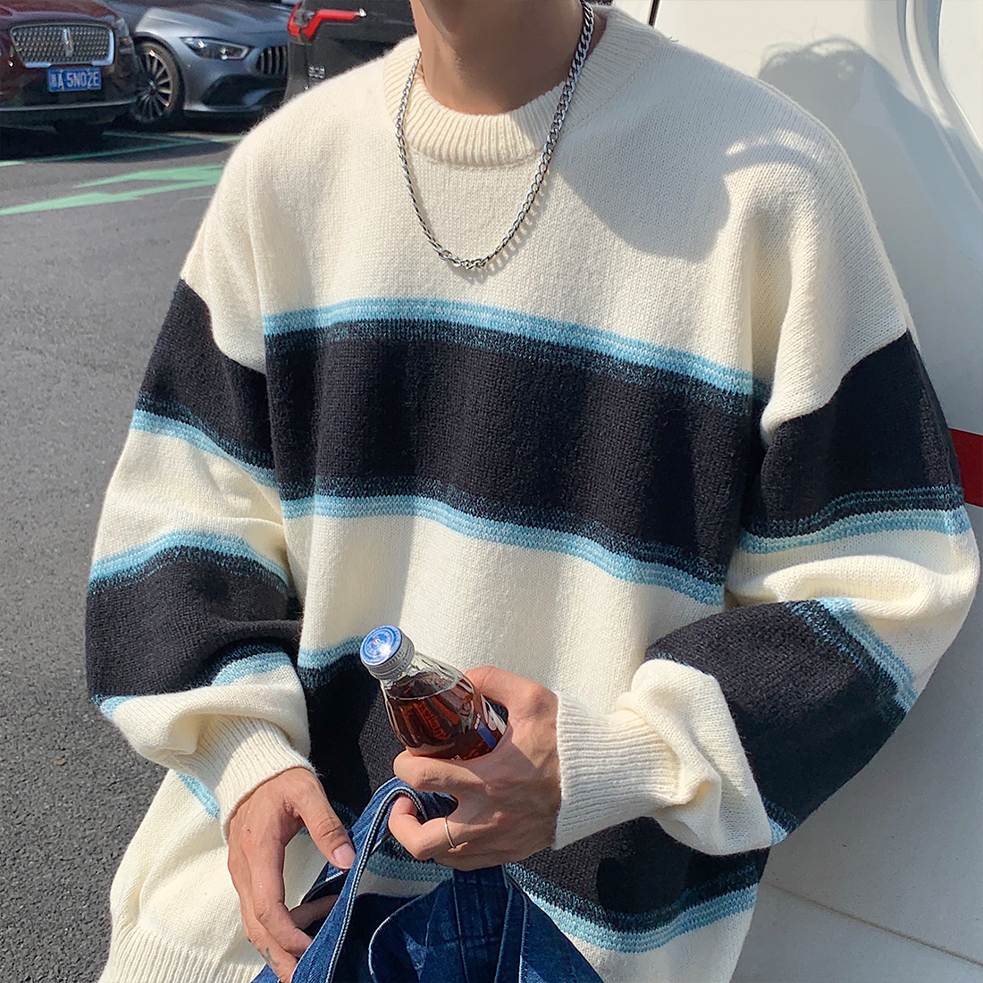 秋冬新款男女同款套头圆领条纹毛衣针织衫外套B327-BKM03-P68,男装针织衫/毛衣,电商B327