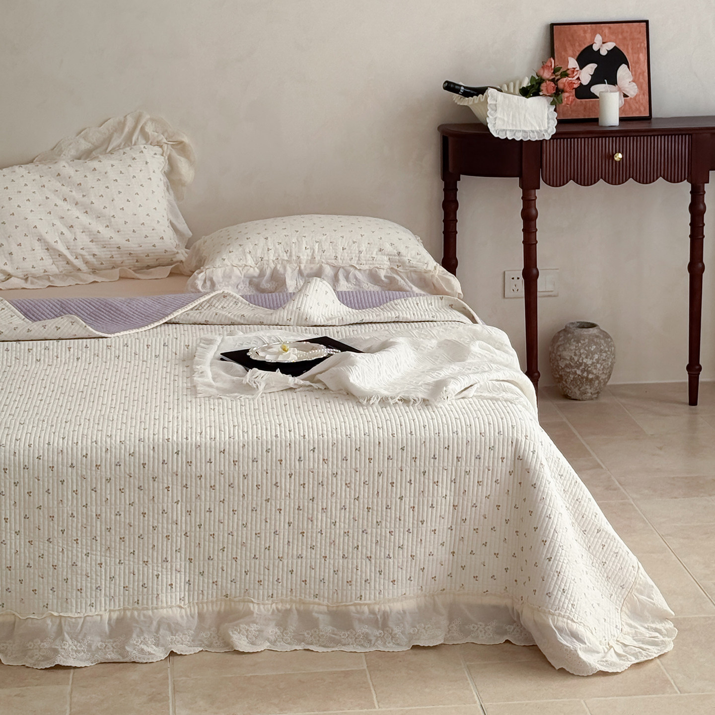 韩式田园小碎花双面全棉蕾丝花边床盖三件套法式少女心绗缝床单,床上用品,床品套件/四件套/多件套,淘宝优惠券,粉丝福利购,淘宝优惠卷