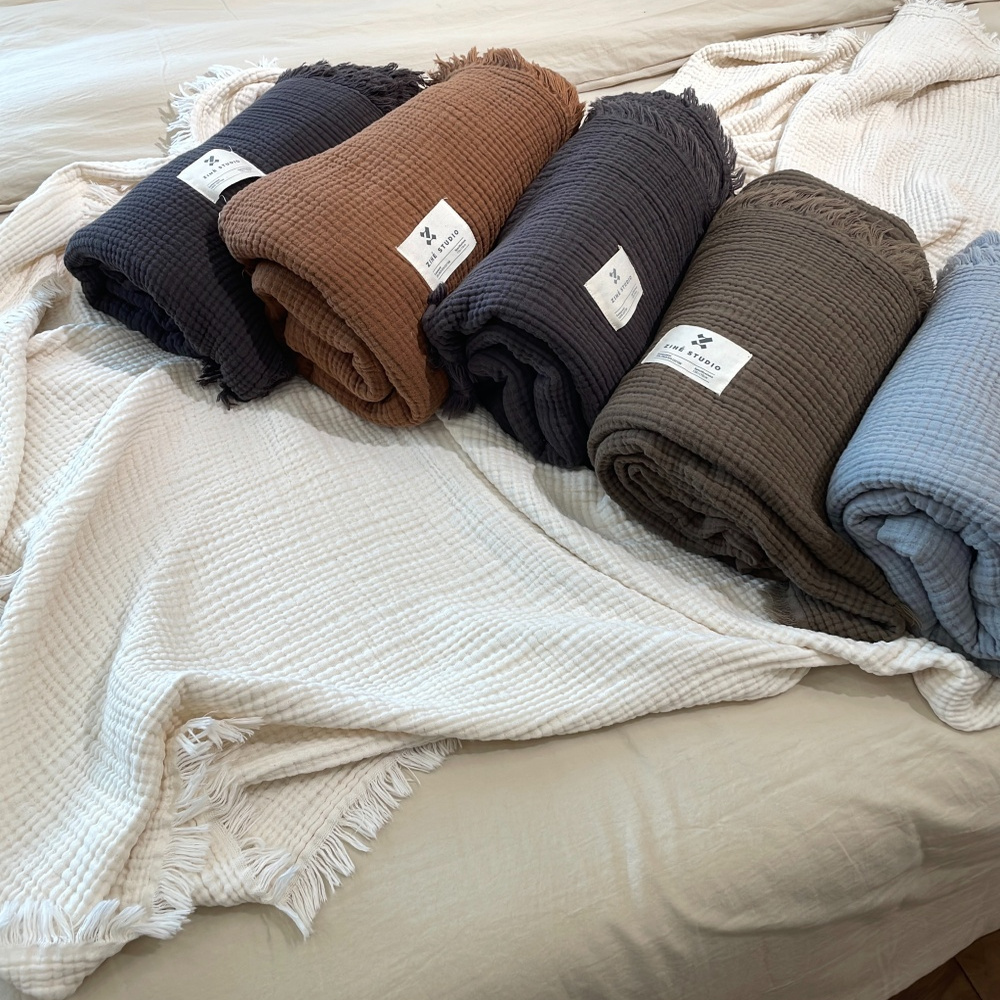 日式侘寂风纯色全棉四层纱盖毯午睡沙发盖腿休闲毯子多功能流苏毯