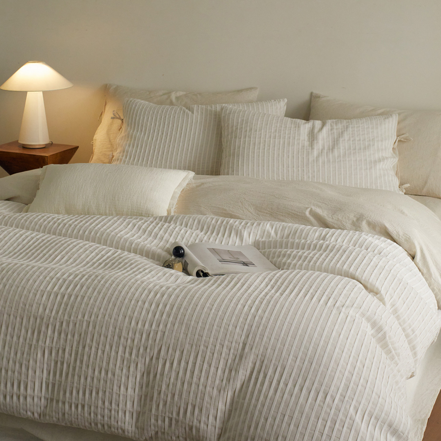 日式复古简约立体条纹天丝棉麻提花四件套 素色民宿款单双人床笠