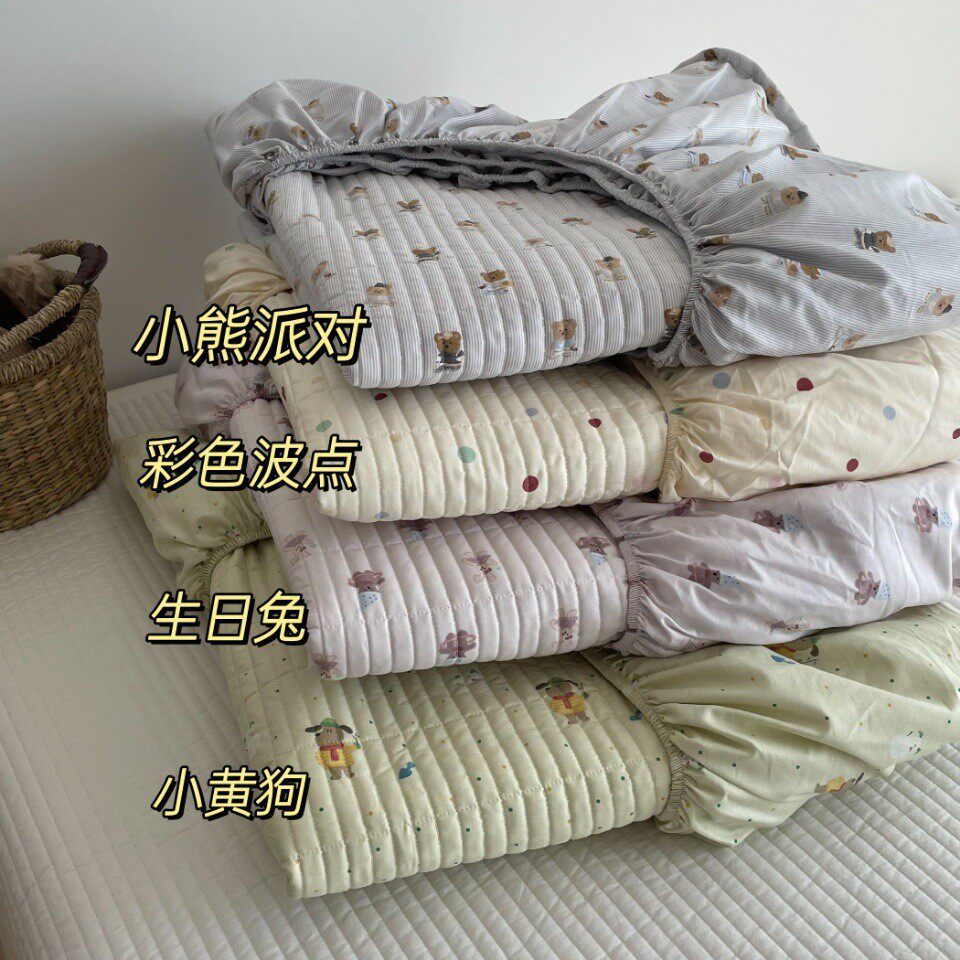 ins风韩系卡通印花纯棉夹棉床笠少女心绗缝加厚席梦思床垫保护套
