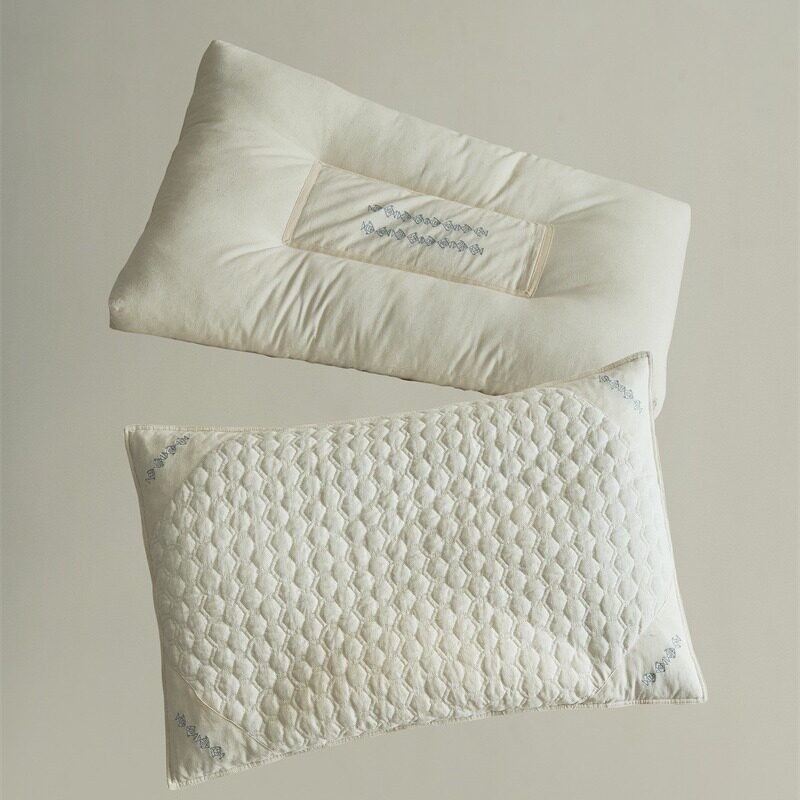 日式简约有鱼刺绣棉麻大凉山苦荞麦枕a款成人枕头绗缝枕芯 48x74