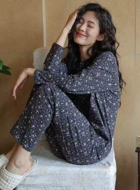 A类复古小碎花女士家居服全棉针织棉短袖睡衣套装宽松七分裤睡裙