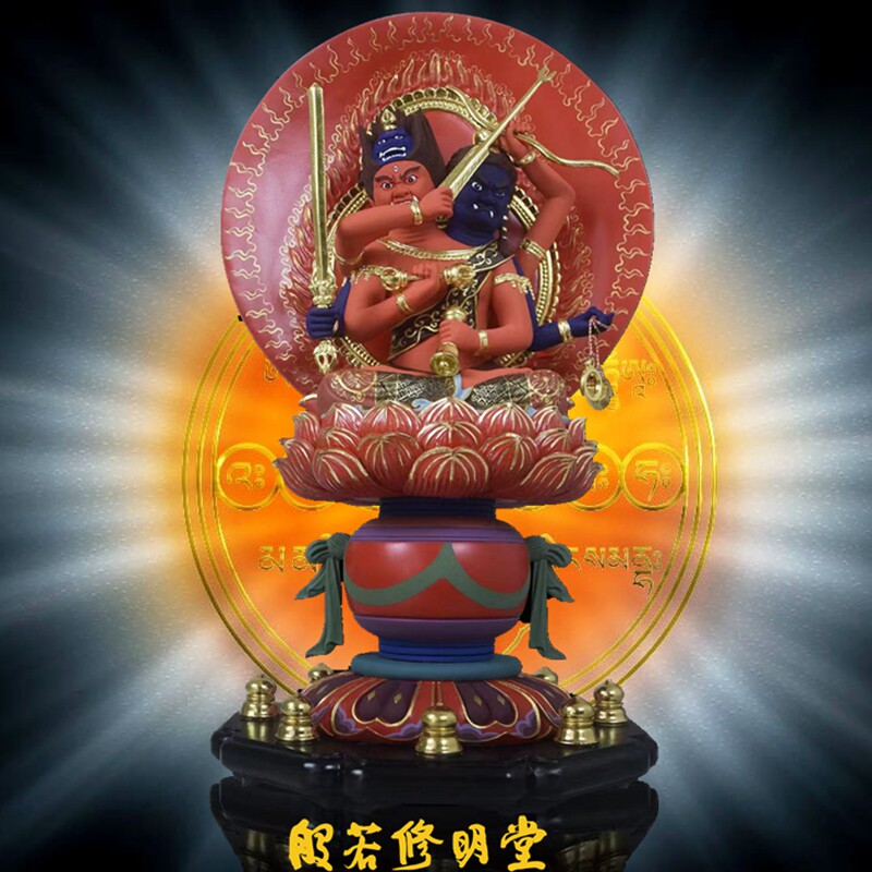 修明堂双头爱染明王佛像木雕彩绘香樟木摆件贴金神像家居摆件