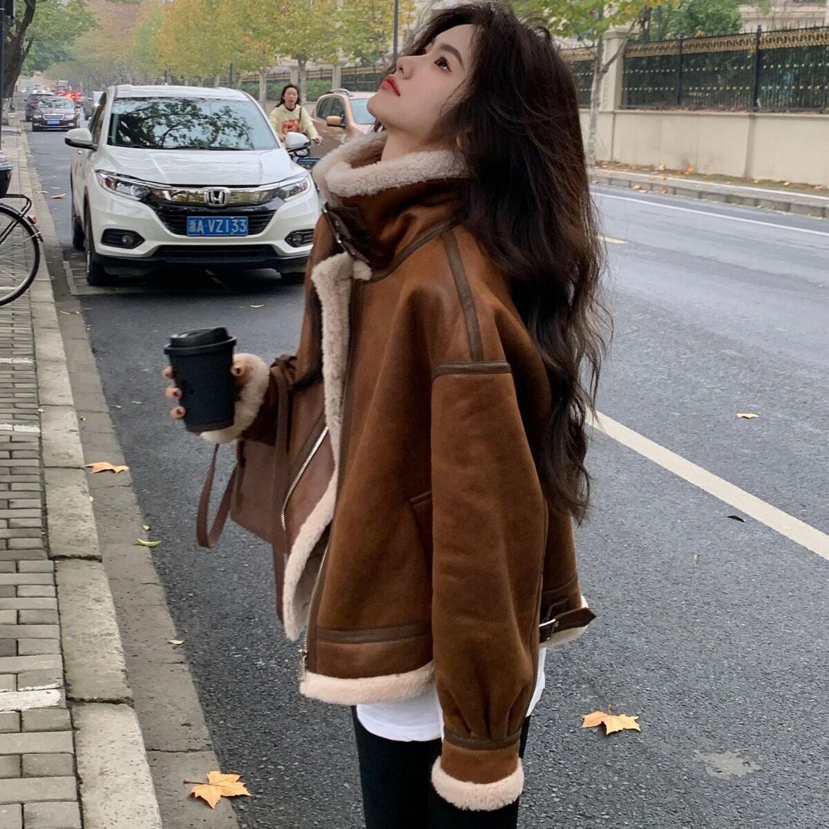 皮毛一体羊羔毛外套女麂皮绒复古机车服夹克皮草短款羊剪绒大衣冬