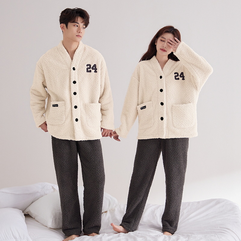 半边绒冬季情侣睡衣开衫和服领
