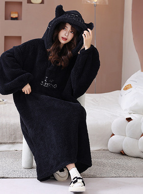 秋冬黑色小恶魔连帽长款睡袍米粒绒懒人袍浴袍加厚大码睡衣家居服