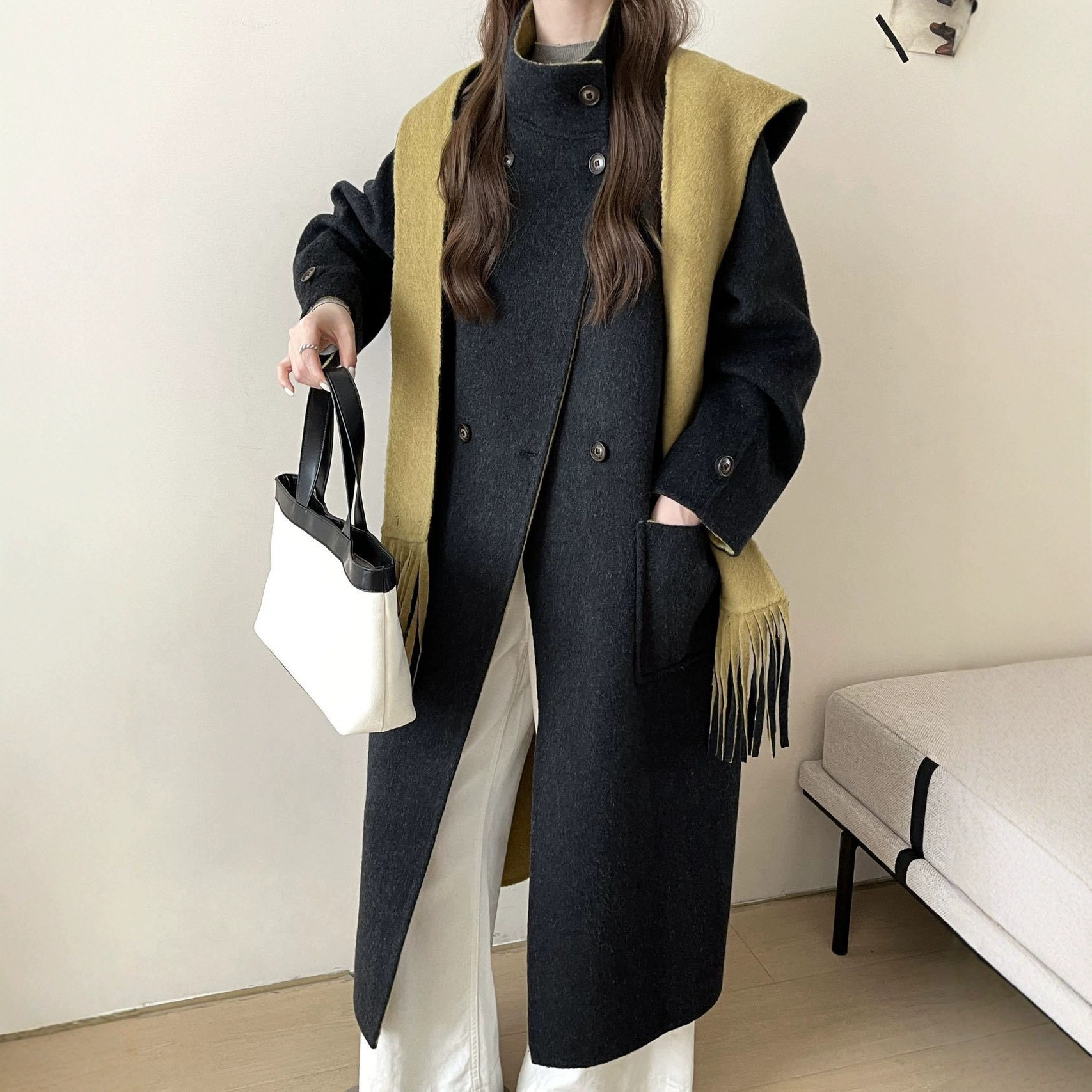 双色可脱卸围巾帽子一体立领插肩袖双排扣加长款双面羊毛大衣毛呢
