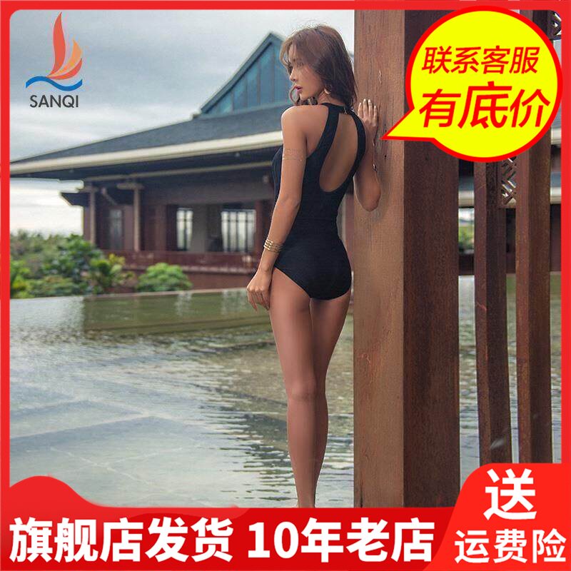 三奇泳衣女性感露背连体显瘦遮肚韩国泡温泉小胸聚拢黑白色游泳装