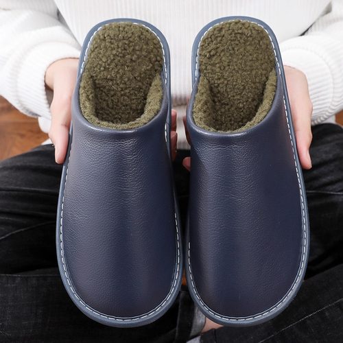真皮加绒包头防滑保暖棉拖鞋