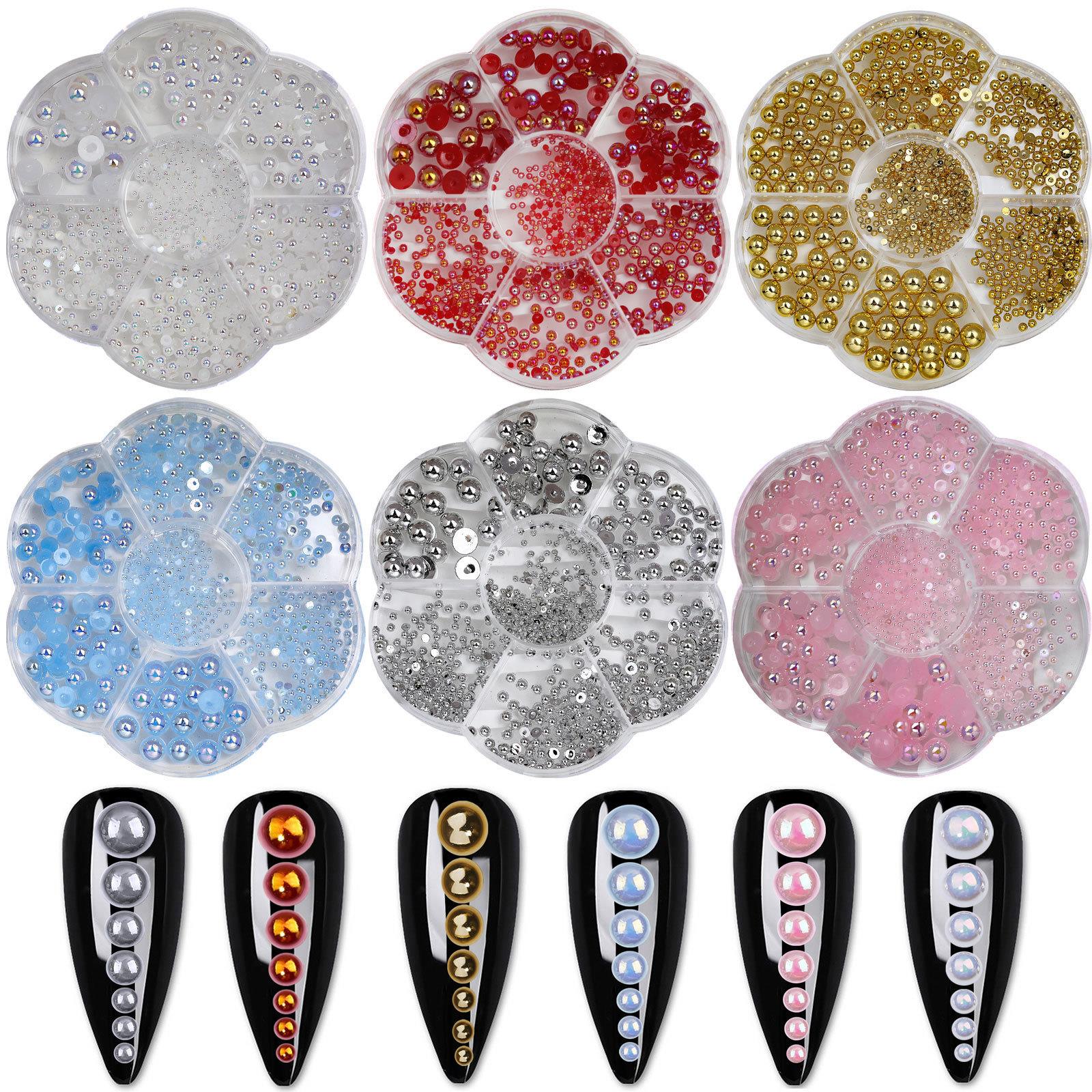 跨境半圆ab珍珠7格梅花盒装彩色美甲珍珠DIY树脂珍珠美甲饰品