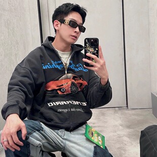 POPDADA25秋季 兰博联名超短BOX廓形宽松休闲运动带帽拉链卫衣外套