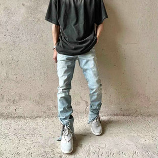 RHUDE FAR.ARCHIVE 曲线裁剪弯刀裤脚拉链高街牛仔裤做旧长裤子