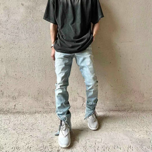 高街弯刀拉链立体裁剪做旧牛仔裤