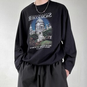 2025秋冬VINTAGE巴黎教堂城堡廓形小领口休闲宽松纯棉黑色长袖T恤