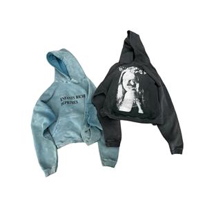 ERD忧郁的富二代阳光褪色蓝标语凡凡女神VINTAGE做旧破坏连帽卫衣