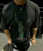 POPDADA巴黎自由女神小领口破洞水洗做旧廓形宽松高街短袖 T恤