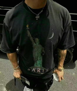 POPDADA巴黎自由女神小领口破洞水洗做旧廓形宽松高街短袖T恤