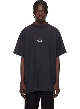 POPDADA新品INSIDE OUT反穿旋涡超薄基础小领口黑色水洗短袖T恤