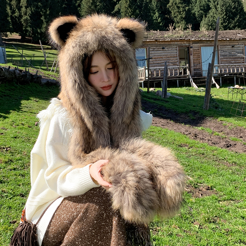 猫耳朵貉子毛双面毛编织围巾帽子