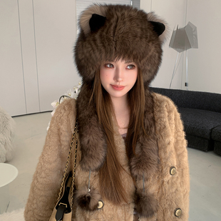 美拉德色 狐狸毛猫耳朵帽子围巾一体风雪帽女秋冬保暖加厚护耳帽
