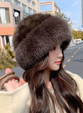 紫貂毛渔夫帽 一圈狐狸毛真毛皮草帽子秋冬针织女士盆帽 气质款