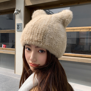 2023新款可爱猫耳朵水貂帽女秋冬保暖双面加厚护耳皮草帽子