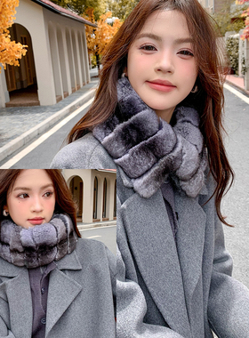秋冬真毛龙猫毛加宽围脖栗鼠皮毛一体青紫蓝皮草围巾女保暖短款