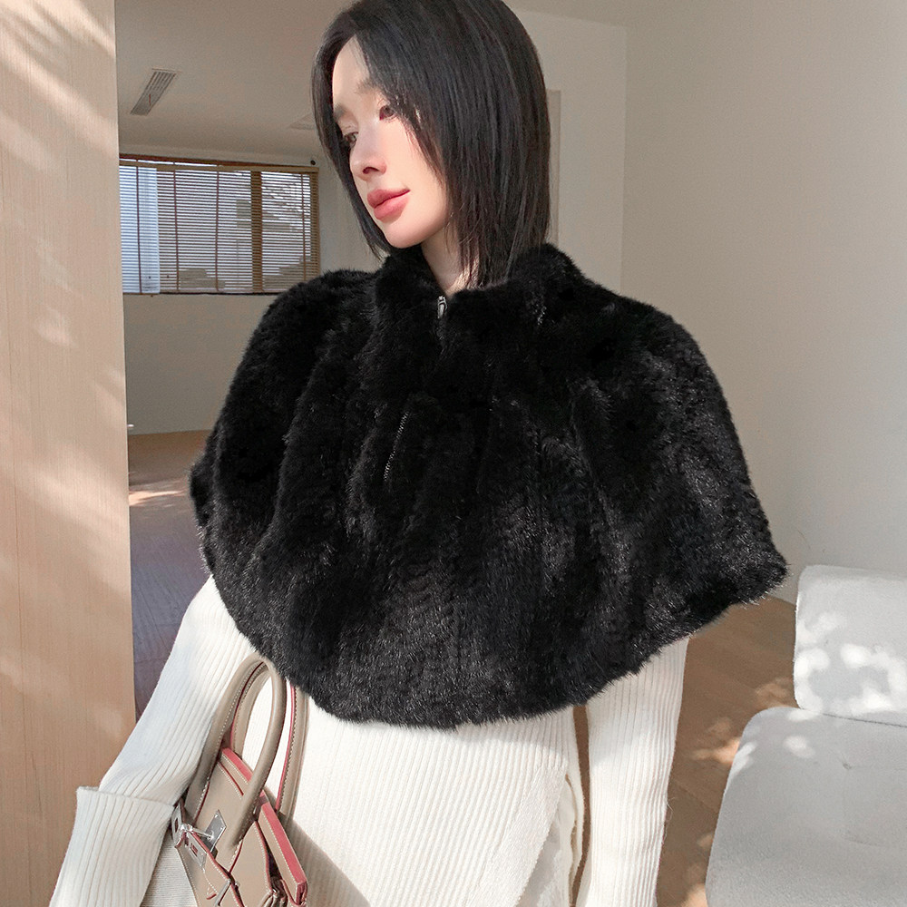 韩版水貂毛皮草斗篷披肩围巾秋冬貂毛女编织肩套头女围脖保暖厚实