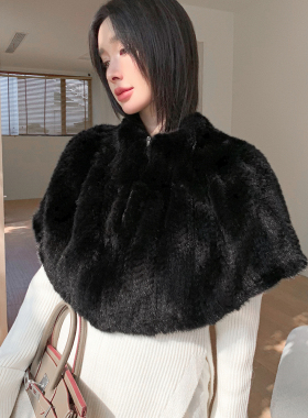 韩版水貂毛皮草斗篷披肩围巾秋冬貂毛女编织肩套头女围脖保暖厚实