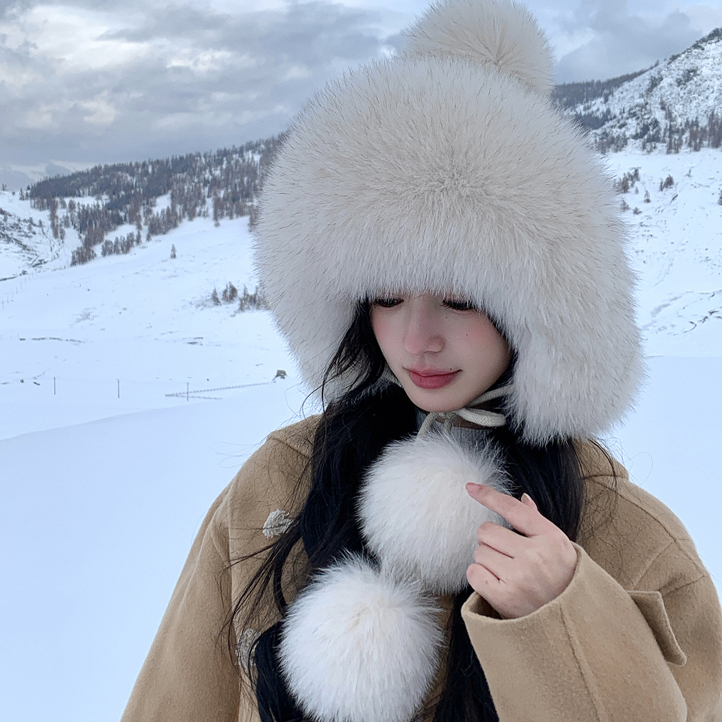冬季新款狐狸毛皮草雷锋帽 针织加绒毛线帽甜美可爱护耳保暖女帽