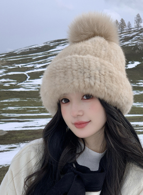 女士冬季皮草帽子水貂毛编织包头帽甜美女帽狐狸毛球双面弹力帽