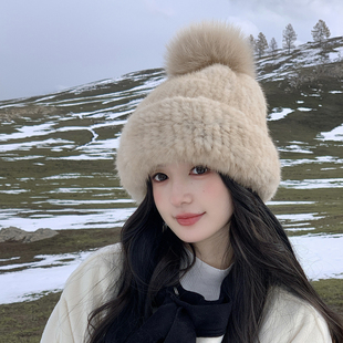 女士冬季皮草帽子水貂毛编织包头帽甜美女帽狐狸毛球双面弹力帽