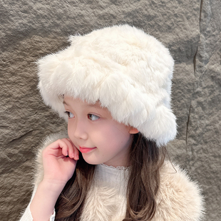 儿童高品质云朵兔毛帽子加厚皮草护耳渔夫帽保暖针织帽盆帽显脸小