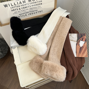 慵懒风 獭兔毛长款堆堆半指手套女 纯色韩国秋冬真毛皮草针织露指