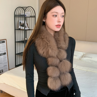 真毛球球毛狐狸毛围脖女冬季走秀新款时尚高级感皮草双面编织围巾