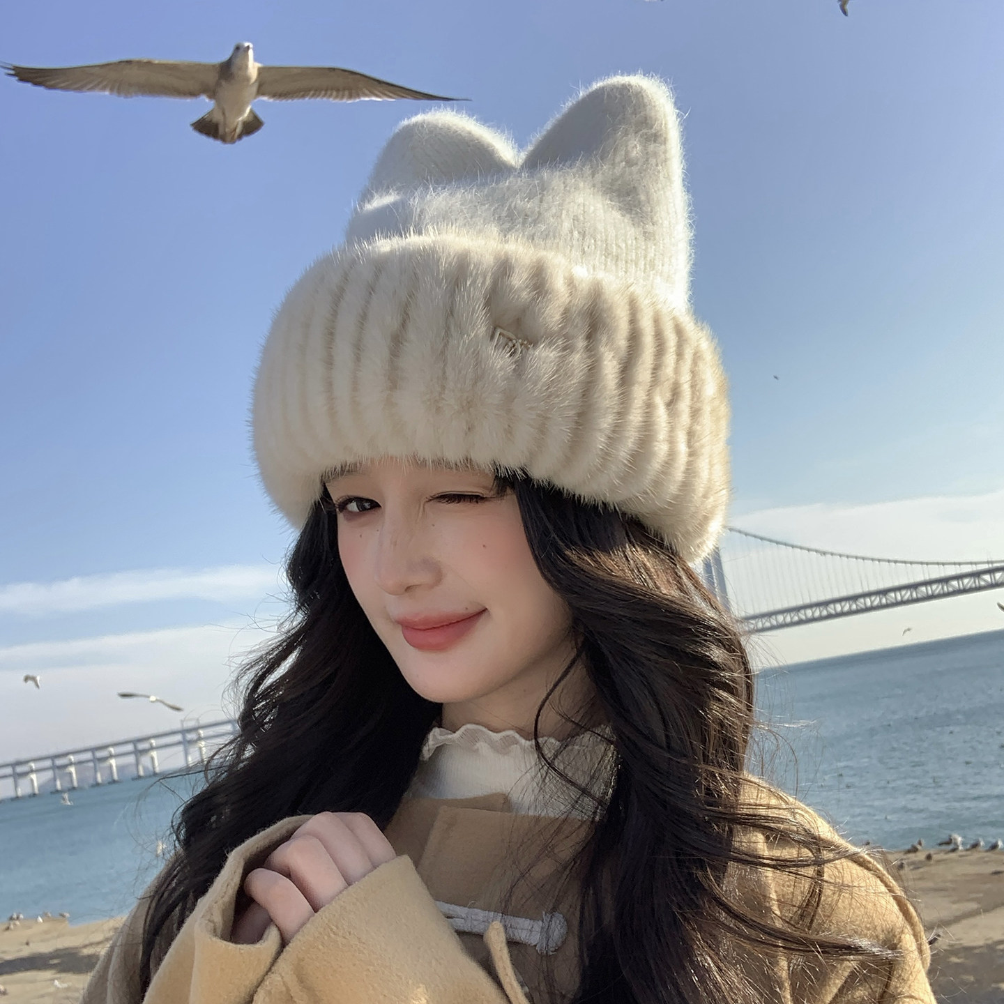 休闲可爱皮草帽子 水貂配针织弹力猫耳朵大头围冬季保暖户外女帽